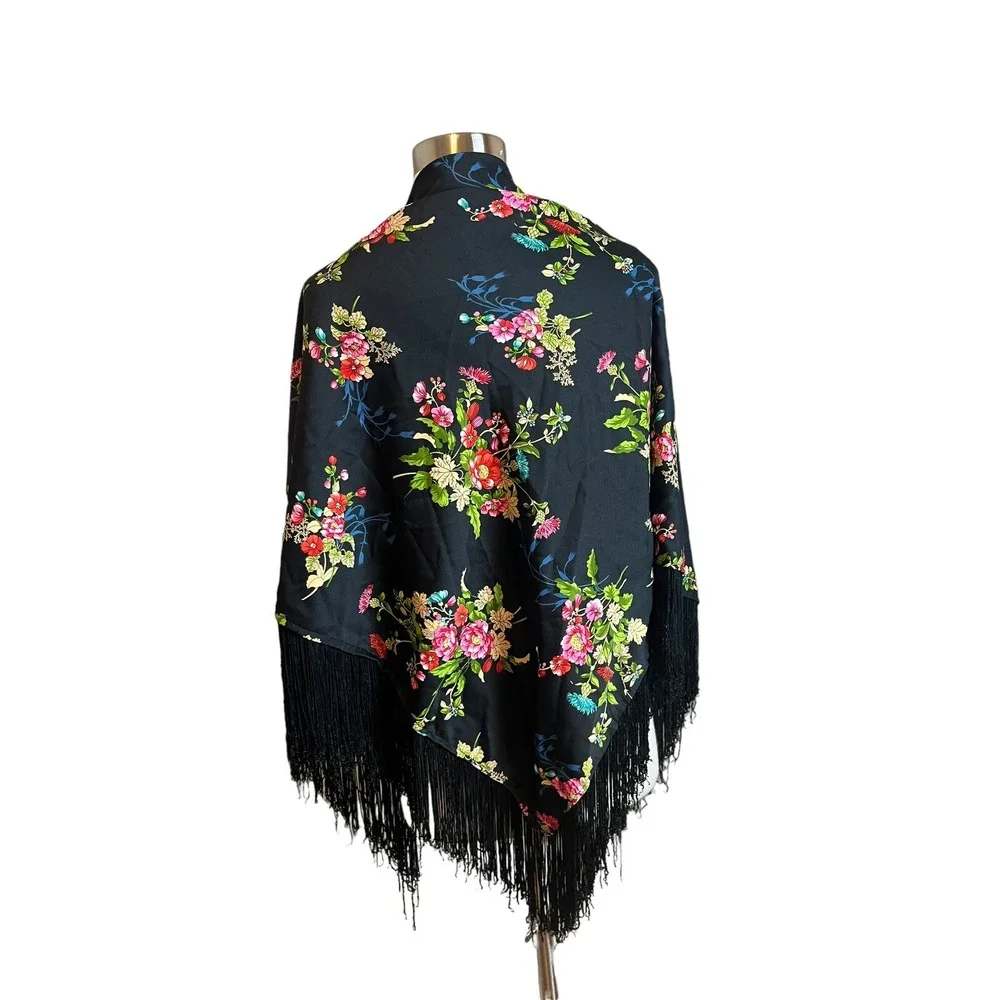 Black Women's Floral Shawl Satin With Fringe Wedding Dressy